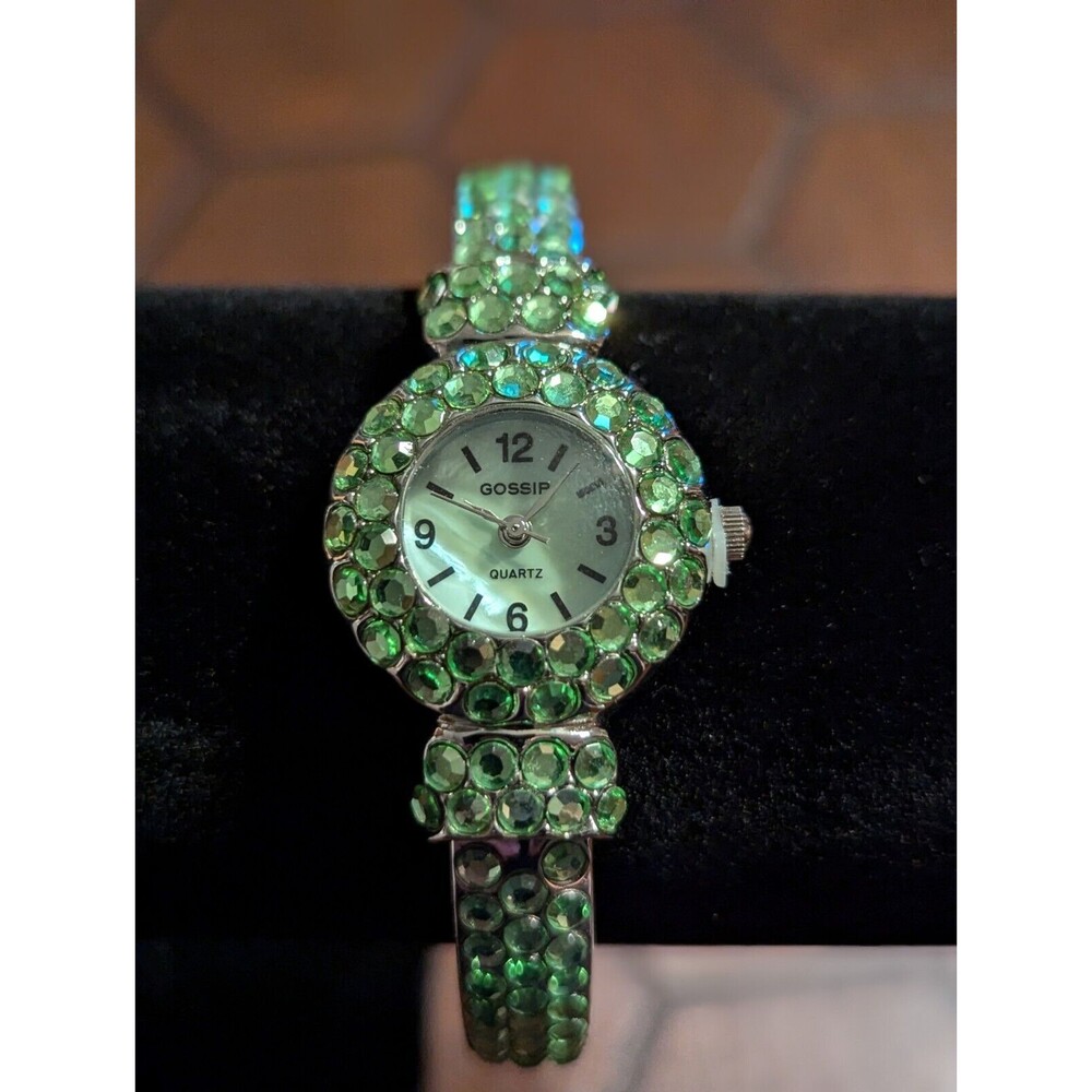 GOSSIP Women's Cuff Watch Sparkling Aqua Lime Green Crystals Silver Band GSP268